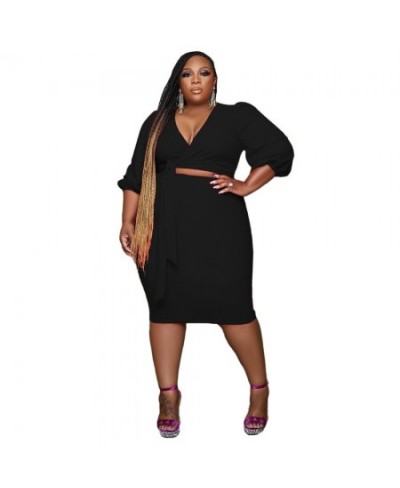 Plus Size Two Piece Set Women Wholesale Solid Color Casual Two-piece Women's Fitted V-Neck Top Skirt $38.98 - Plus Size Clothes