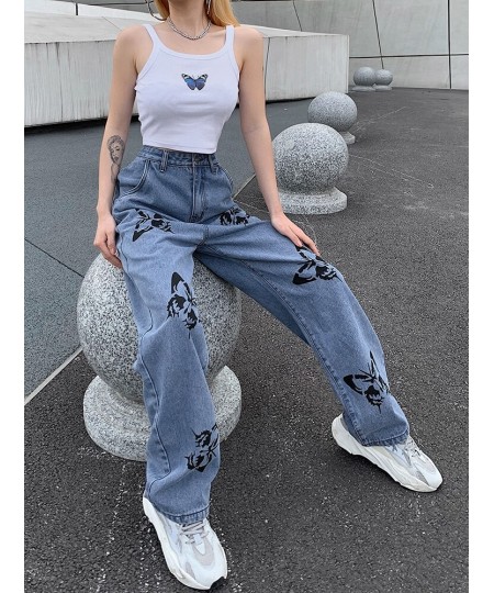 Women High Waisted Jeans Butterfly Print Straight Wide Leg Denim Pants Baggy Loose Casual Trousers Streetwear 2022 Spring New...