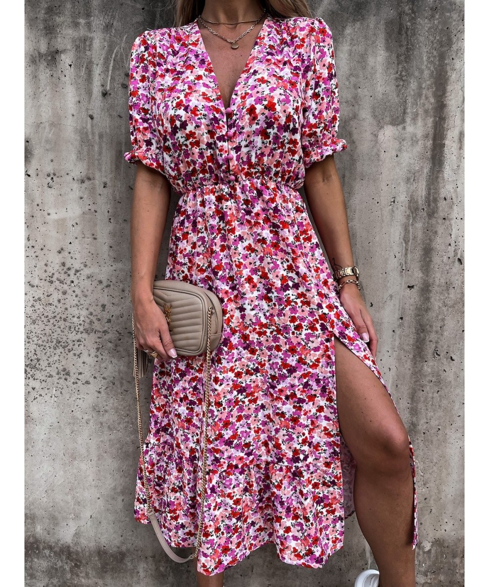 Women Floral Print Loose Maxi Long Dress Spring Summer V Neck Short Puff Sleeve Side Split Tunic Party Dresses MCFS-88628 $32...