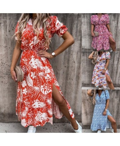 Women Floral Print Loose Maxi Long Dress Spring Summer V Neck Short Puff Sleeve Side Split Tunic Party Dresses MCFS-88628 $32...