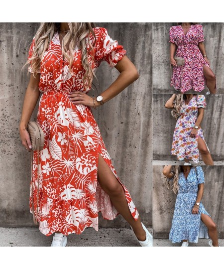 Women Floral Print Loose Maxi Long Dress Spring Summer V Neck Short Puff Sleeve Side Split Tunic Party Dresses MCFS-88628 $32...