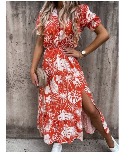 Women Floral Print Loose Maxi Long Dress Spring Summer V Neck Short Puff Sleeve Side Split Tunic Party Dresses MCFS-88628 $32...