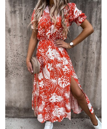 Women Floral Print Loose Maxi Long Dress Spring Summer V Neck Short Puff Sleeve Side Split Tunic Party Dresses MCFS-88628 $32...