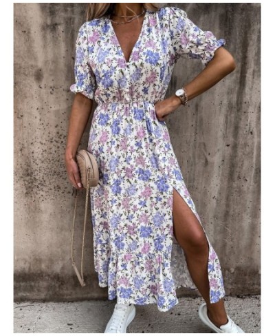 Women Floral Print Loose Maxi Long Dress Spring Summer V Neck Short Puff Sleeve Side Split Tunic Party Dresses MCFS-88628 $32...