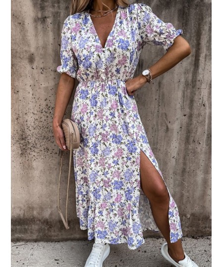 Women Floral Print Loose Maxi Long Dress Spring Summer V Neck Short Puff Sleeve Side Split Tunic Party Dresses MCFS-88628 $32...