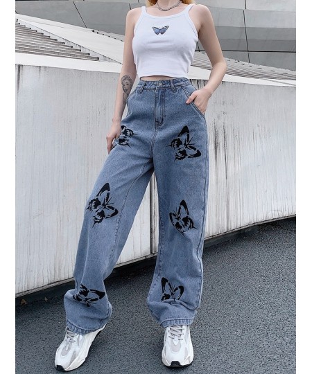 Women High Waisted Jeans Butterfly Print Straight Wide Leg Denim Pants Baggy Loose Casual Trousers Streetwear 2022 Spring New...