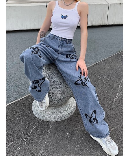 Women High Waisted Jeans Butterfly Print Straight Wide Leg Denim Pants Baggy Loose Casual Trousers Streetwear 2022 Spring New...