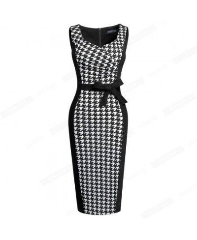 Women Modern Elegant Sleeveless Square Collar Houndstooth Patchwork Bow Bodycon Pencil Dress EB657 $48.24 - Dresses