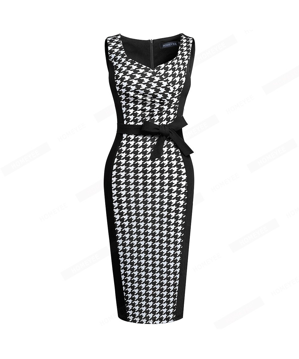 Women Modern Elegant Sleeveless Square Collar Houndstooth Patchwork Bow Bodycon Pencil Dress EB657 $48.24 - Dresses