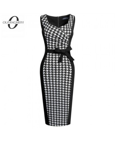 Women Modern Elegant Sleeveless Square Collar Houndstooth Patchwork Bow Bodycon Pencil Dress EB657 $48.24 - Dresses