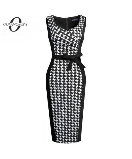 Women Modern Elegant Sleeveless Square Collar Houndstooth Patchwork Bow Bodycon Pencil Dress EB657 $48.24 - Dresses