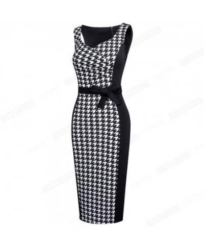 Women Modern Elegant Sleeveless Square Collar Houndstooth Patchwork Bow Bodycon Pencil Dress EB657 $48.24 - Dresses