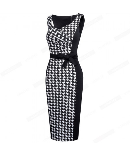 Women Modern Elegant Sleeveless Square Collar Houndstooth Patchwork Bow Bodycon Pencil Dress EB657 $48.24 - Dresses