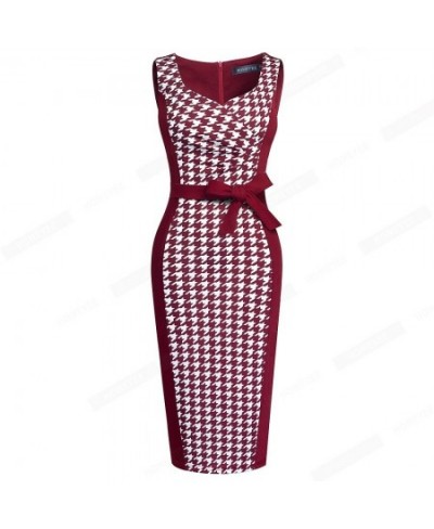 Women Modern Elegant Sleeveless Square Collar Houndstooth Patchwork Bow Bodycon Pencil Dress EB657 $48.24 - Dresses