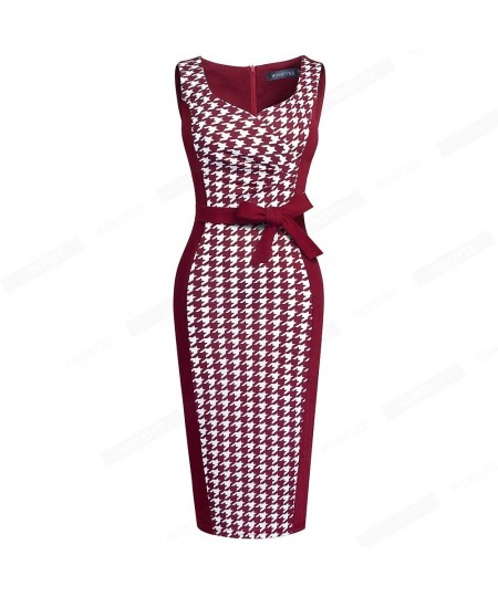 Women Modern Elegant Sleeveless Square Collar Houndstooth Patchwork Bow Bodycon Pencil Dress EB657 $48.24 - Dresses