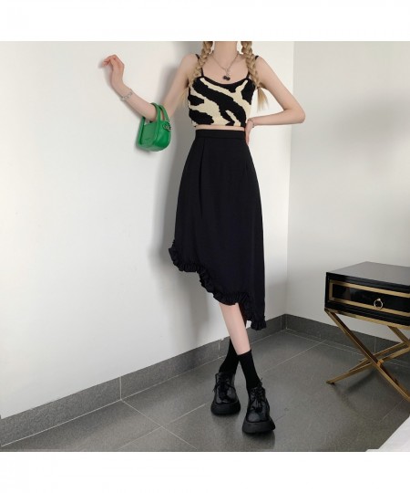 Irregular Flounce Skirts Women 2023 Summer Korean Style High Waist Mid Calf Skirt Y2k Black Color Casual Streetwear Retro $31...