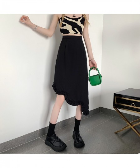 Irregular Flounce Skirts Women 2023 Summer Korean Style High Waist Mid Calf Skirt Y2k Black Color Casual Streetwear Retro $31...