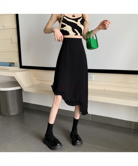 Irregular Flounce Skirts Women 2023 Summer Korean Style High Waist Mid Calf Skirt Y2k Black Color Casual Streetwear Retro $31...