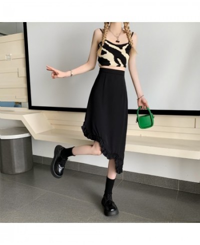 Irregular Flounce Skirts Women 2023 Summer Korean Style High Waist Mid Calf Skirt Y2k Black Color Casual Streetwear Retro $31...