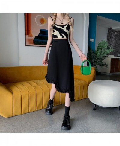 Irregular Flounce Skirts Women 2023 Summer Korean Style High Waist Mid Calf Skirt Y2k Black Color Casual Streetwear Retro $31...