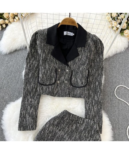 2022 Fashion Skirt Suit Ladies Temperament Contrast Color Bubble Long Sleeve Blazer Jacket Two-Piece High-Waisted Skirt Set $...