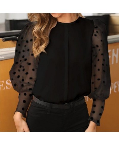 Women Fashion Long Sleeve Sheer Mesh Blouse Sexy Lantern Sleeve Tops Vintage Polka Dot Printed Sleeve Baggy Blouse O-neck $20...