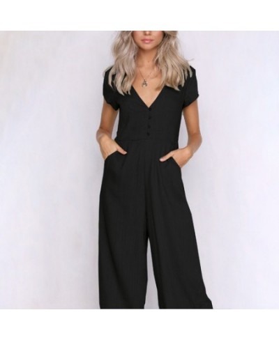 Cotton wide leg jumpsuit Sexy v neck button white jumpsuit romper Women casual autumn playsuit macacao femme $36.00 - Jumpsuits