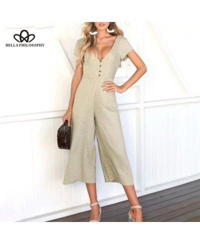 Cotton wide leg jumpsuit Sexy v neck button white jumpsuit romper Women casual autumn playsuit macacao femme $36.00 - Jumpsuits