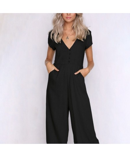 Cotton wide leg jumpsuit Sexy v neck button white jumpsuit romper Women casual autumn playsuit macacao femme $36.00 - Jumpsuits