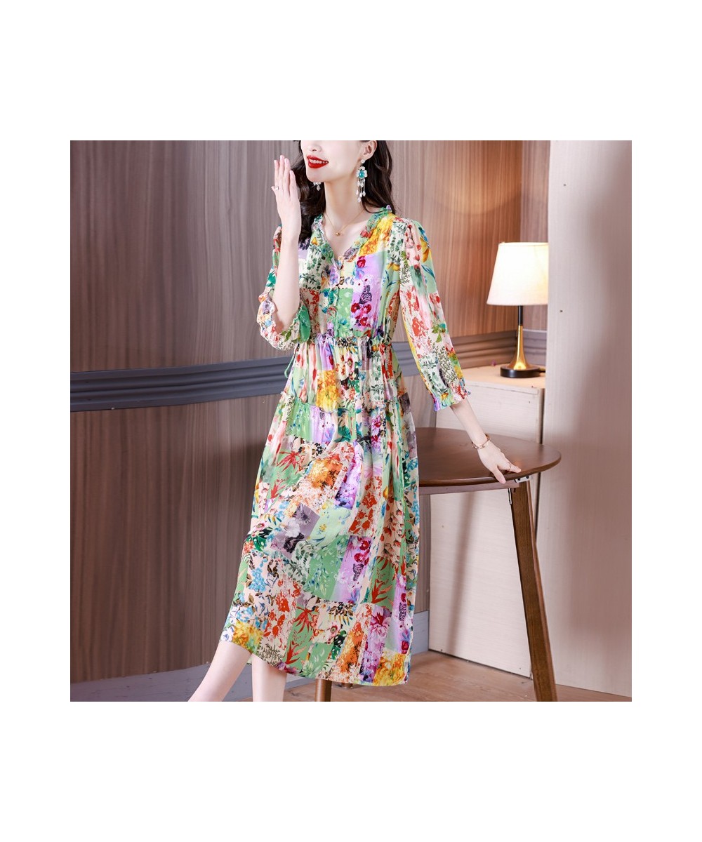 Women's 2023 New Spring Silk Dress Fashion V Neck 3/4 Sleeve Print Drawcord Loose Size Mini Dress Vesidos $65.14 - Dresses