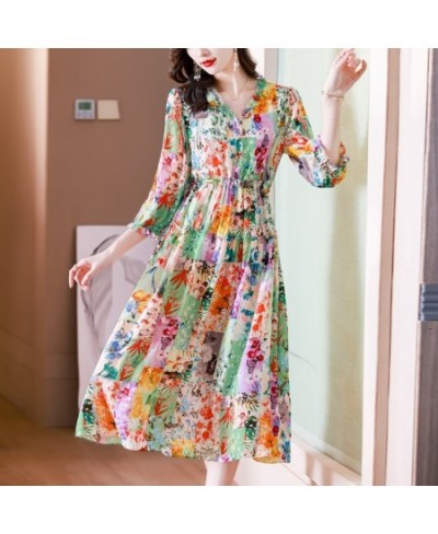 Women's 2023 New Spring Silk Dress Fashion V Neck 3/4 Sleeve Print Drawcord Loose Size Mini Dress Vesidos $65.14 - Dresses