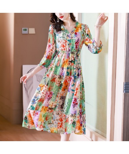 Women's 2023 New Spring Silk Dress Fashion V Neck 3/4 Sleeve Print Drawcord Loose Size Mini Dress Vesidos $65.14 - Dresses