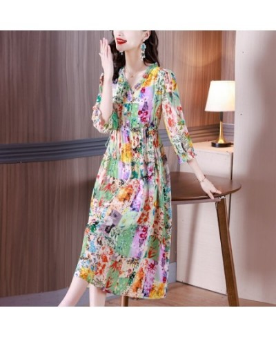 Women's 2023 New Spring Silk Dress Fashion V Neck 3/4 Sleeve Print Drawcord Loose Size Mini Dress Vesidos $65.14 - Dresses