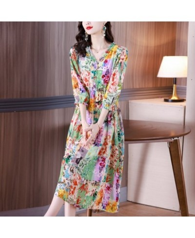 Women's 2023 New Spring Silk Dress Fashion V Neck 3/4 Sleeve Print Drawcord Loose Size Mini Dress Vesidos $65.14 - Dresses