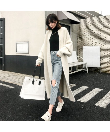 2022 Women's Winter Loose Faux Mink Velvet Sweater Oversized Female Warm Knitted Woolen Cardigan Long fur Overcoat With Pocke...