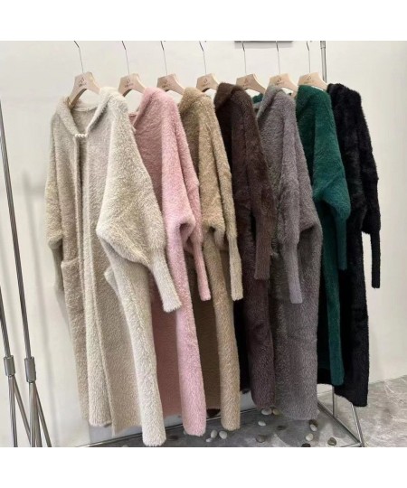 2022 Women's Winter Loose Faux Mink Velvet Sweater Oversized Female Warm Knitted Woolen Cardigan Long fur Overcoat With Pocke...