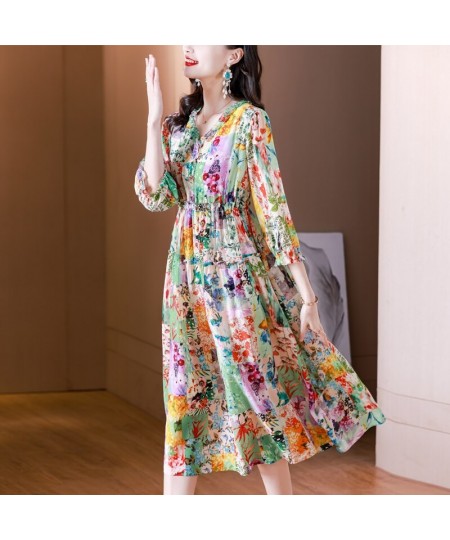 Women's 2023 New Spring Silk Dress Fashion V Neck 3/4 Sleeve Print Drawcord Loose Size Mini Dress Vesidos $65.14 - Dresses