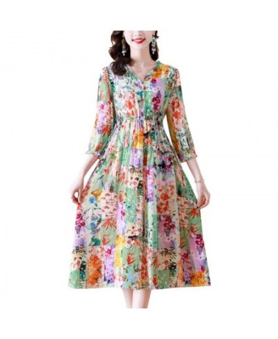 Women's 2023 New Spring Silk Dress Fashion V Neck 3/4 Sleeve Print Drawcord Loose Size Mini Dress Vesidos $65.14 - Dresses