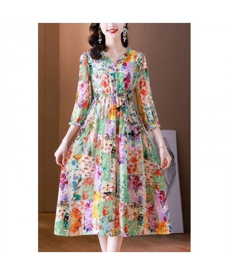 Women's 2023 New Spring Silk Dress Fashion V Neck 3/4 Sleeve Print Drawcord Loose Size Mini Dress Vesidos $65.14 - Dresses