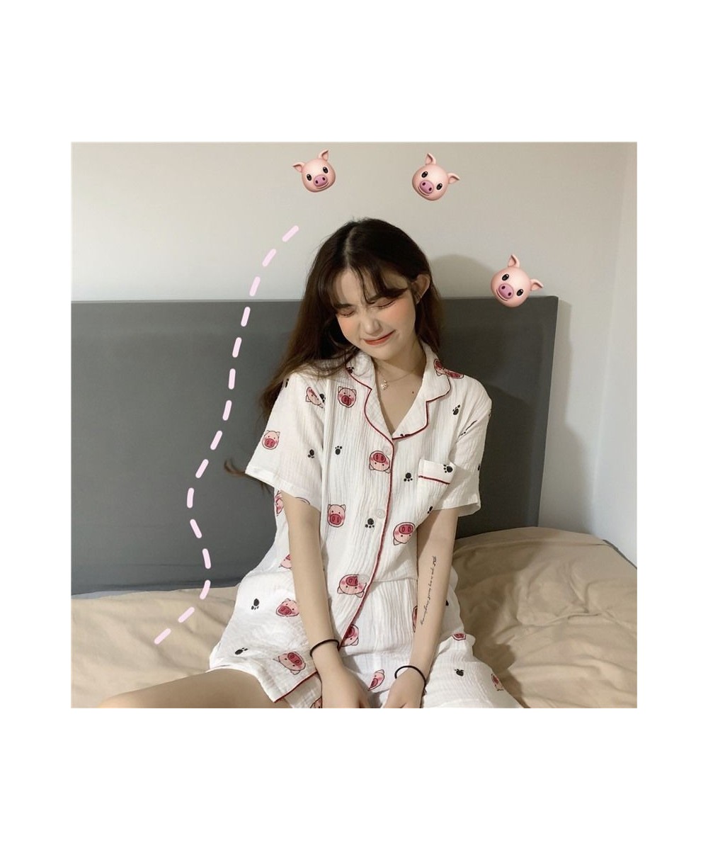 Pajamas with Shorts Pyjamas Cotton Summer Suit for Women Korean Style Kawaii Pig Print Pijamas Teen Girls Home Clothes $36.36...