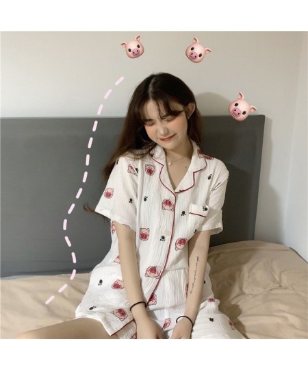 Pajamas with Shorts Pyjamas Cotton Summer Suit for Women Korean Style Kawaii Pig Print Pijamas Teen Girls Home Clothes $36.36...