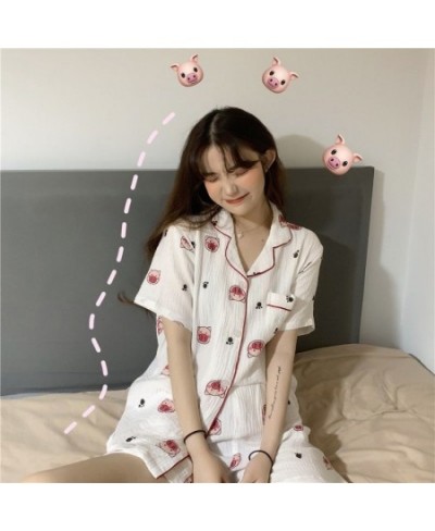 Pajamas with Shorts Pyjamas Cotton Summer Suit for Women Korean Style Kawaii Pig Print Pijamas Teen Girls Home Clothes $36.36...