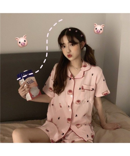 Pajamas with Shorts Pyjamas Cotton Summer Suit for Women Korean Style Kawaii Pig Print Pijamas Teen Girls Home Clothes $36.36...