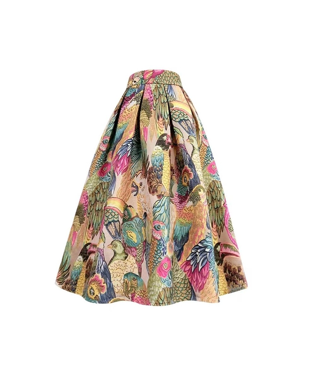 2022 Autumn Winter Korean Elegant 50s Ladies High Waist Parrot Floral Pleated Long Skirt Vintage Fashion Aesthetic Festival 5...