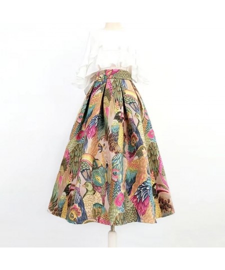 2022 Autumn Winter Korean Elegant 50s Ladies High Waist Parrot Floral Pleated Long Skirt Vintage Fashion Aesthetic Festival 5...