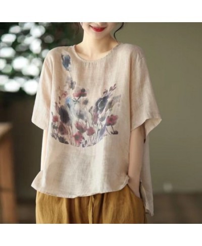 Summer New Fashion Loose Casual Ink Print Cotton Linen T-shirt Ladies Comfortable Short Sleeve Pullover Top Women All-match T...