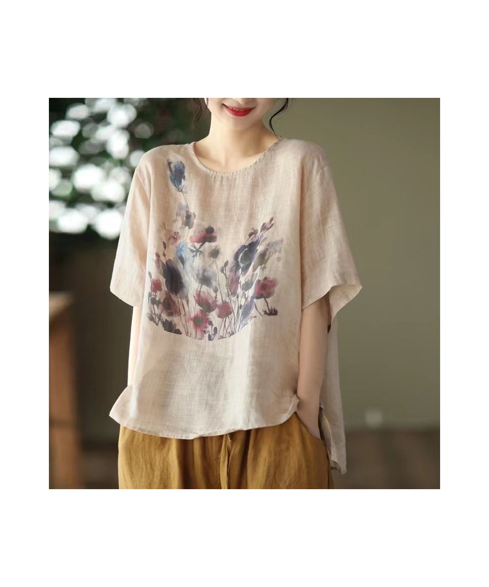 Summer New Fashion Loose Casual Ink Print Cotton Linen T-shirt Ladies Comfortable Short Sleeve Pullover Top Women All-match T...