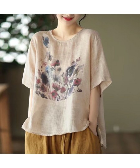 Summer New Fashion Loose Casual Ink Print Cotton Linen T-shirt Ladies Comfortable Short Sleeve Pullover Top Women All-match T...