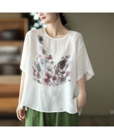 Summer New Fashion Loose Casual Ink Print Cotton Linen T-shirt Ladies Comfortable Short Sleeve Pullover Top Women All-match T...