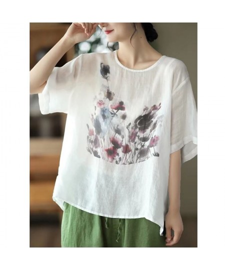 Summer New Fashion Loose Casual Ink Print Cotton Linen T-shirt Ladies Comfortable Short Sleeve Pullover Top Women All-match T...